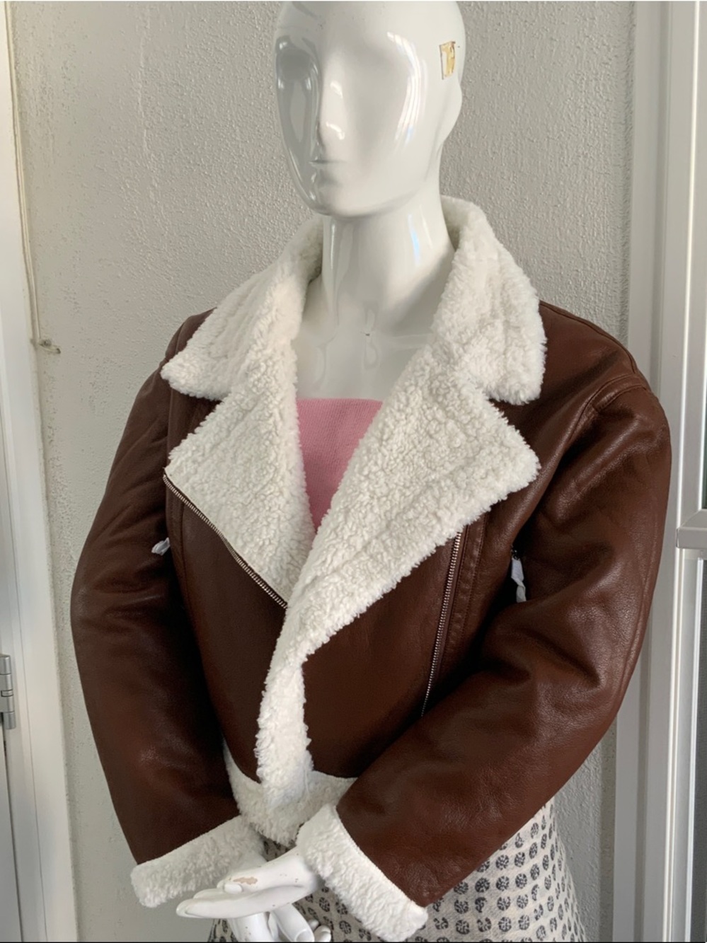 Brown Faux-Leather Shearling Moto Jacket with White Sherpa Trim